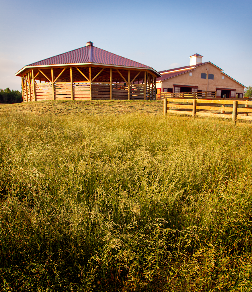 The covered round pen and main barn among golden grass at Equitas